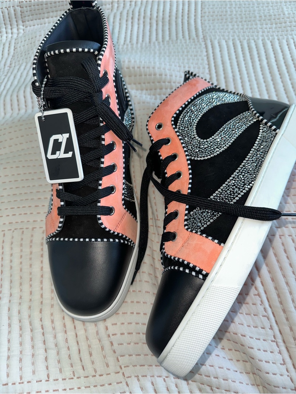 Christian Louboutin Black & Pink Rhinestone High-Top Sneakers